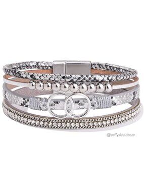 Boho Leather Wrap Bracelet Stackable Beaded Infinity Charm Magnetic Clasp